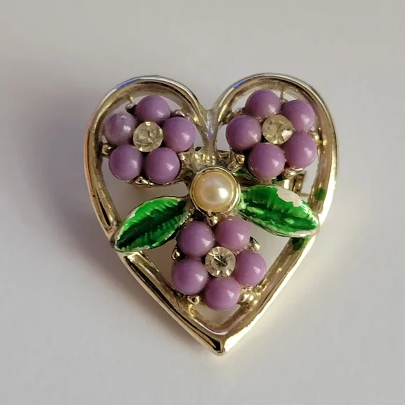 Vintage heart pin pair Mother of pearl purple flowers - Picture 3 of 9